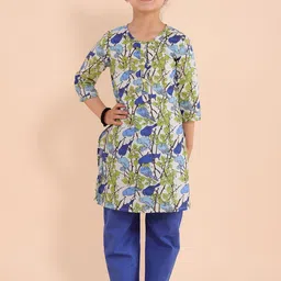Sangria Girls Blue Ethnic Motifs Printed Regular Pure Cotton Kurta with Trousers image 1
