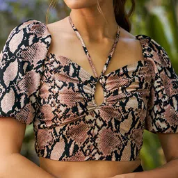 KASSUALLY Black  & Peach Coloured Printed Smocked Detail Crop Top & Trouser Co-Ords image 5