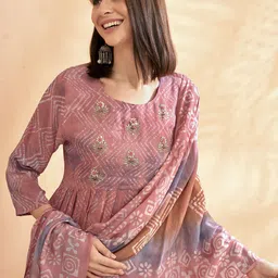 Anouk Ethnic Motifs Embroidered Pleated Pure Silk Kurta With Trousers & Dupatta image 2