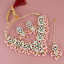 LUCKY JEWELLERY Gold-Plated Kundan-Studded & Beaded Jewellery Set image 2