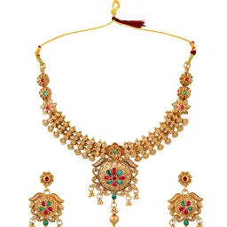 FEMMIBELLA Gold-Plated Kundan Stones Studded & Beaded Necklace And Earrings image 2