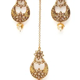 PANASH Gold-Plated White Stone Studded Maang Tikka & Earring Set image 2