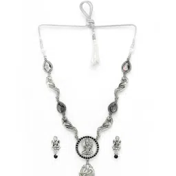ADIVA Silver-Plated Stone & Pearls Peacock Shape Oxidised Temple Jewelley Set image 2