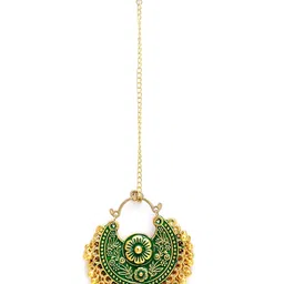 Arrabi Green & Gold-Plated Enamelled Maang Tika & Earrings Set image 3