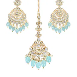 I Jewels Gold-Plated Kundan Stone-Studded & Beaded Maangtikaa & Chandbali  Earrings Set image 3