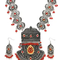Moedbuille Silver-Plated Stone-Studded and Beaded Necklace & Earrings Set image 3