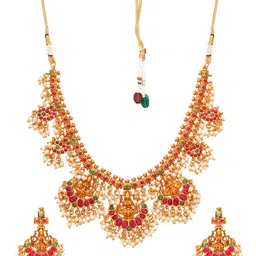 aadita Pink & Green-Toned & Gold-Plated Stone-Studded Handcrafted Necklace With Earrings image 3