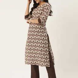 KBZ Women Cream-Coloured Ethnic Motifs Printed Kurta with Trousers image 4