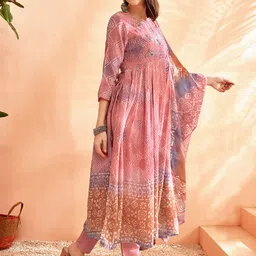 Anouk Ethnic Motifs Embroidered Pleated Pure Silk Kurta With Trousers & Dupatta image 4