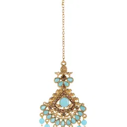 ANIKAS CREATION Turquoise Blue & Gold Plated Floral Kundan Pearl Maangtika & Earring Set image 4
