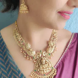 GRIIHAM Gold-Plated American Diamond Studded & Beaded Temple Jewellery Set image 1