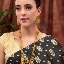 PANASH Gold-Plated Stones-Studded & Beaded Temple Jewellery Set image 3