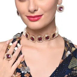 Zaveri Pearls Gold-Plated Stone-Studded & Multistrand Beaded Jewellery Set image 1