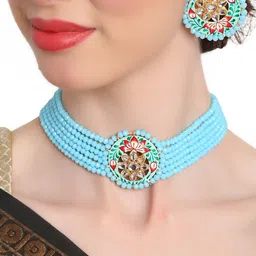 Shining Diva Gold-Plated Blue & White Stone Studded & Beaded Jewellery Set image 1