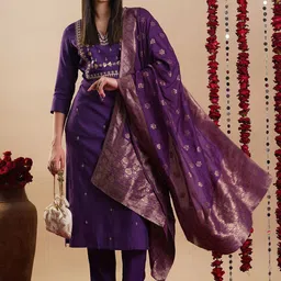 GoSriKi Floral Embroidered Notch Neck Sequinned Straight Kurta With Trouser And Dupatta-picture-21