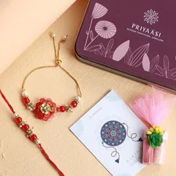 Priyaasi Red Set of 2 Flower Beaded Rakhi with Roli Chawal & Card-picture-53