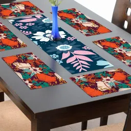THEYAYACAFE Navy Blue & Maroon 7 Pieces Floral Cotton Table Placemats With Runners image 1