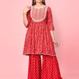 Aarika Girls Floral Printed Panelled Thread Work Pure Cotton Kurti with Sharara-picture-9