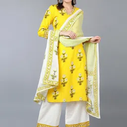 KALINI Floral Printed Regular Pure Cotton V-Neck Straight Kurta with Palazzos & Dupatta-picture-36