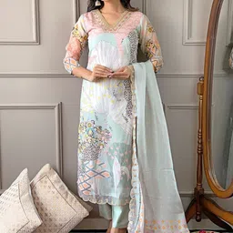 BAESD Floral Embroidered V-Neck Straight Kurta With Trousers And Dupatta-image-32