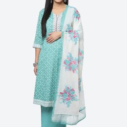 Biba Women Turquoise Ethnic Motifs Printed Kurta with Palazzos & With Dupatta-picture-25
