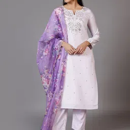Libas White Floral Yoke Design Sequinned Straight Kurta With Trousers & Dupatta-image-92