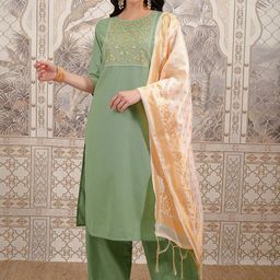 Vishudh Green Ethnic Motifs Yoke Design Thread Work Straight Kurta With Palazzos & Dupatta-picture-32