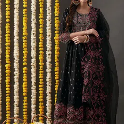 FASHOR Ethnic Motifs Embroidered Panelled Pure Cotton Kurta With Sharara & Dupatta-picture-34