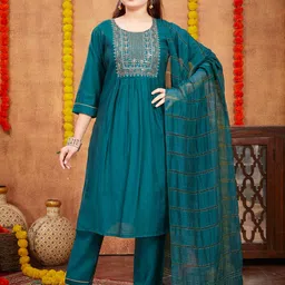 BAESD Girls Ethnic Motifs Yoke Design Pleated Pure Silk Kurta With Trousers & Dupatta-picture-21