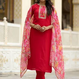 Navlik Floral Yoke Design Thread Work Straight Kurta With Trousers & Dupatta-picture-39