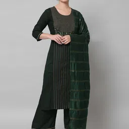 ANGITA Women Striped Regular Thread Work Kurta with Trousers & With Dupatta-picture-18