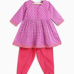 Campana Girls Ethnic Block Printed Pleated Anarkali Pure Cotton Kurti with Dhoti Pants-picture-30
