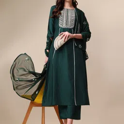 KALINI Women Chinon Embroidered A-Line Kurta Palazzo With Sequin Dupatta Set-picture-2