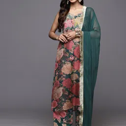 KALINI Floral Printed Straight Kurta & Palazzos With Dupatta-image-41