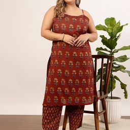 indo street Plus Size Ethnic Motifs Printed Shoulder Strap Pure Cotton Kurta with Trousers-picture-11
