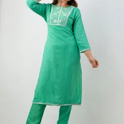 BARKHA FAB Women Sea Green Embroidered Empire Sequinned Kurti with Trousers & With Dupatta-picture-19
