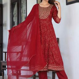 SINGNI Ethnic Motifs Printed Regular Anarkali Kurta with Trousers & With Dupatta-picture-12