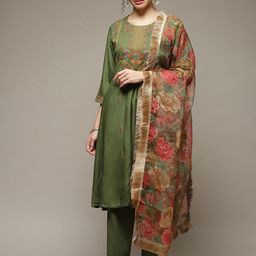 Rangriti Floral Embroidered Thread Work Panelled A-Line Kurta With Palazzos & Dupatta-picture-42