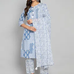 ERISHA Ethnic Motifs Printed Regular Pure Cotton Straight Kurta With Trousers & Dupatta-picture-21