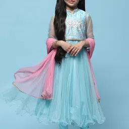Biba Girls Floral Embroidered Round Neck Sequinned Straight Kurta with Churidar & Dupatta-picture-53