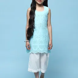 Biba Girls Self Design Round Neck Scalloped Pure Cotton Straight Kurta with Palazzos-picture-41