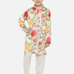 Little Bansi Boys Yellow Floral Printed Gotta Patti Kurta with Pyjamas-picture-4