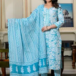 D K W Floral Printed Regular Pure Cotton Kurta With Trousers & Dupatta-image-83