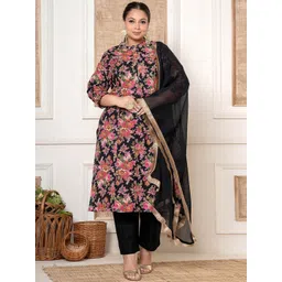 Yufta Plus Size Black Floral Printed Pure Cotton Straight Kurta With Trousers & Dupatta-picture-25