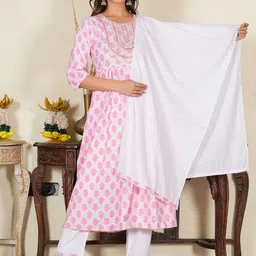 KALINI Women Floral Printed Regular Thread Work Pure Cotton Kurta with Trousers & With Dupatta-picture-22