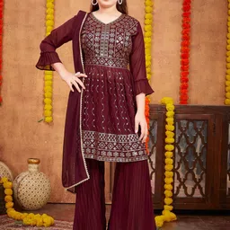Aarika Girls Ethnic Motifs Printed Regular Gotta Patti Kurta With Sharara & Dupatta-image-49