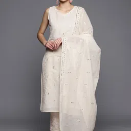 Libas Off White Embroidered V Neck Mirror Work Pure Cotton Kurta With Trousers & Dupatta-picture-17