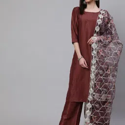 AKS Couture Striped Embroidered Sequinned Kurta With Palazzos & Dupatta-picture-17