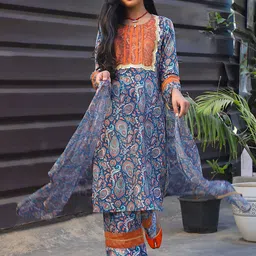 Aks Kids Girls Ethnic Motifs Printed Round Neck Velvet Kurta Palazzos & Dupatta-picture-23