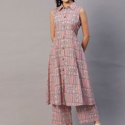 FASHOR Pink & Grey Ethnic Printed Shirt Collar A-Line Pure Cotton Kurta with Palazzos-picture-40
